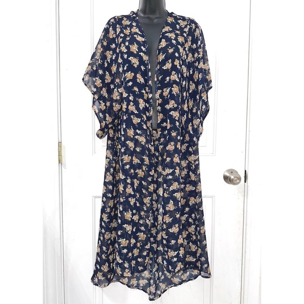 Wilyfox sheer navy blue floral open-front kimono cardigan